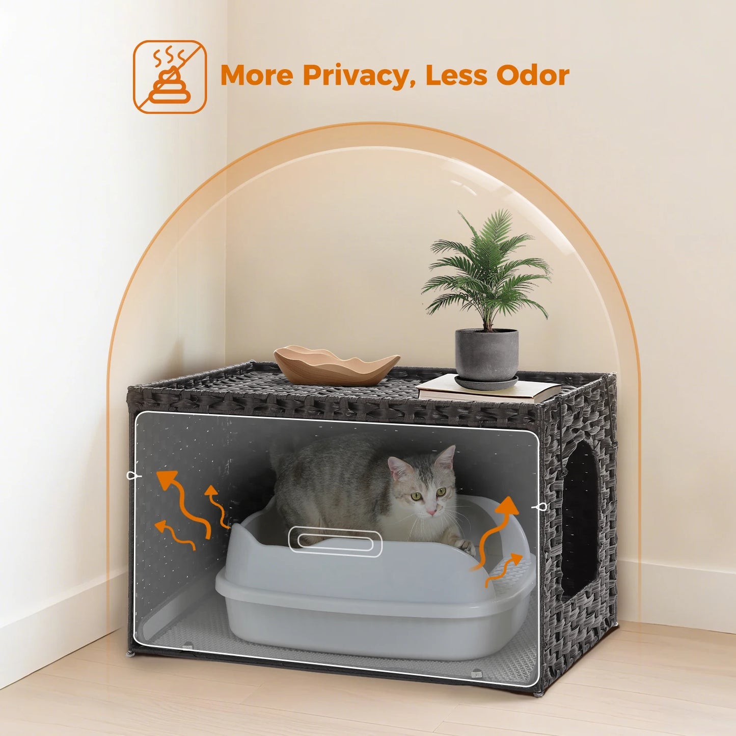 Cat Litter Box Enclosure Furniture with Door Hidden Litter Box Handwoven Rattan Cat House Bed for Large Cats Indoor Living Room