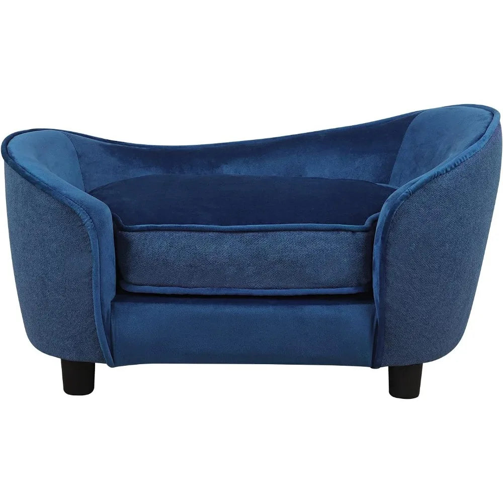Blue Velvet & Linen Pet Sofa Bed with Removable, Washable Cushion for Small Dogs and Cats