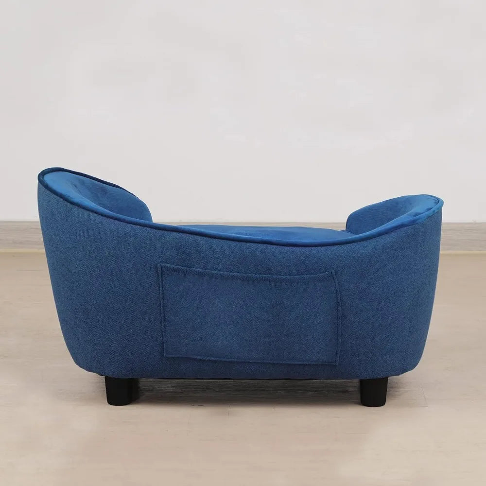 Blue Velvet & Linen Pet Sofa Bed with Removable, Washable Cushion for Small Dogs and Cats