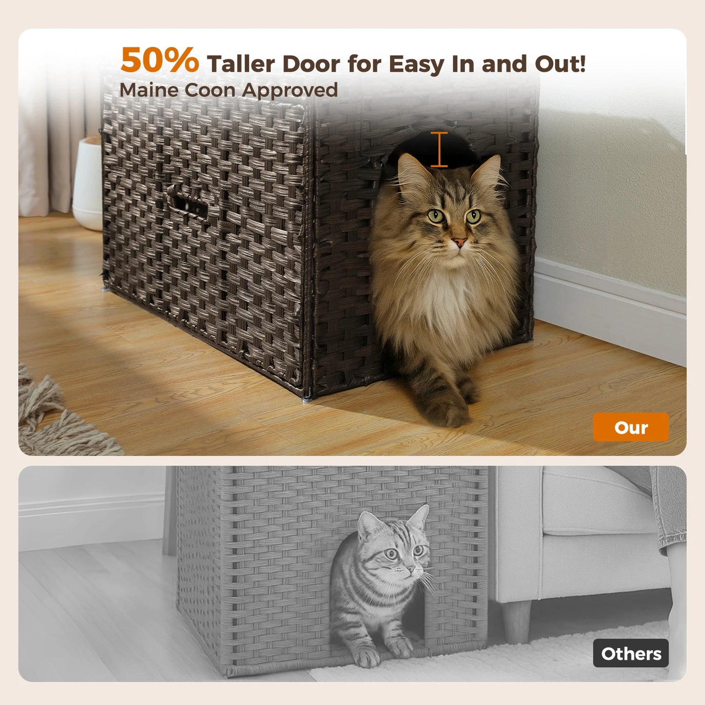 Cat Litter Box Enclosure Furniture with Door Hidden Litter Box Handwoven Rattan Cat House Bed for Large Cats Indoor Living Room