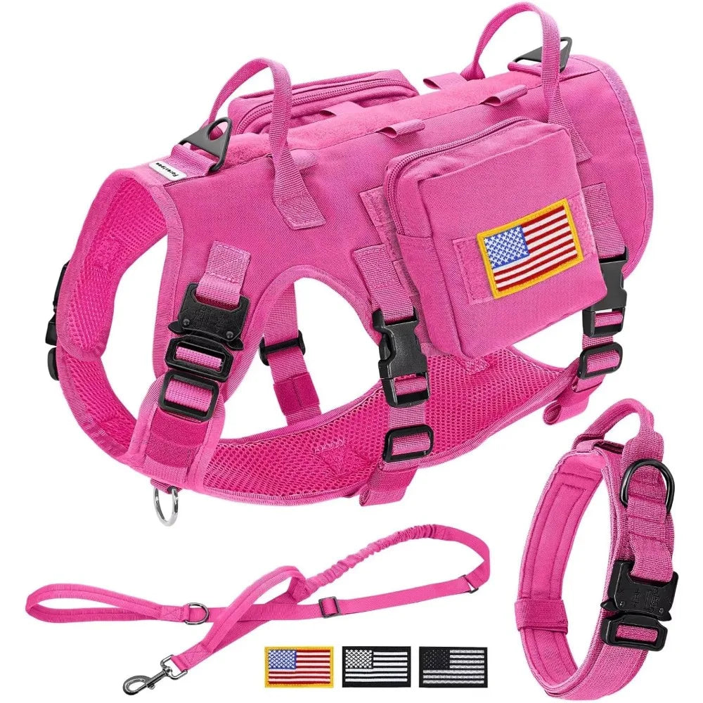 Pink Tactical Dog Harness for Large Dogs,Tactical Dog Collar with Bungee Leash Set,No Pull Military Dog - Hot Sale