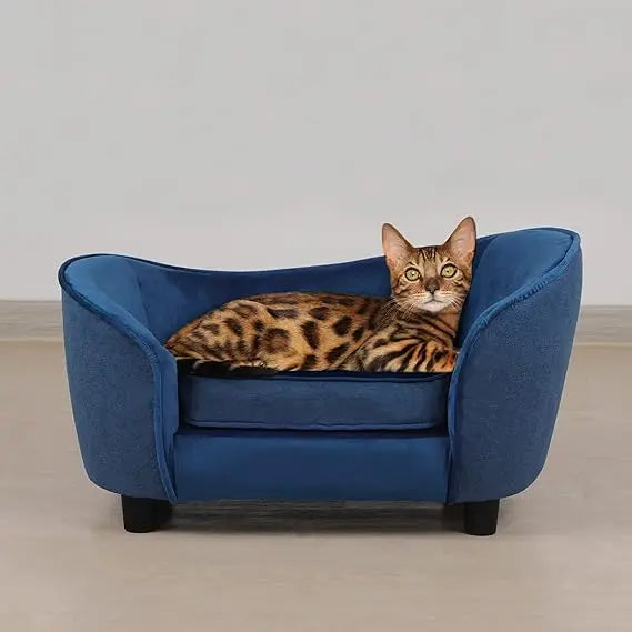 Blue Velvet & Linen Pet Sofa Bed with Removable, Washable Cushion for Small Dogs and Cats