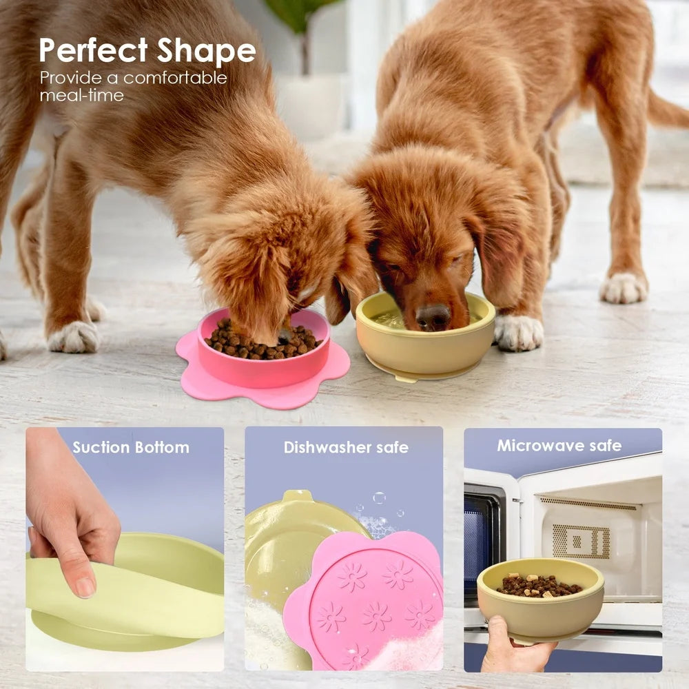 Flower-Shaped Silicone Pet Bowl Non-Slip Suction Base Dishwasher Safe Cats and Small Dogs Portable Easy Clean Durable Hygienic
