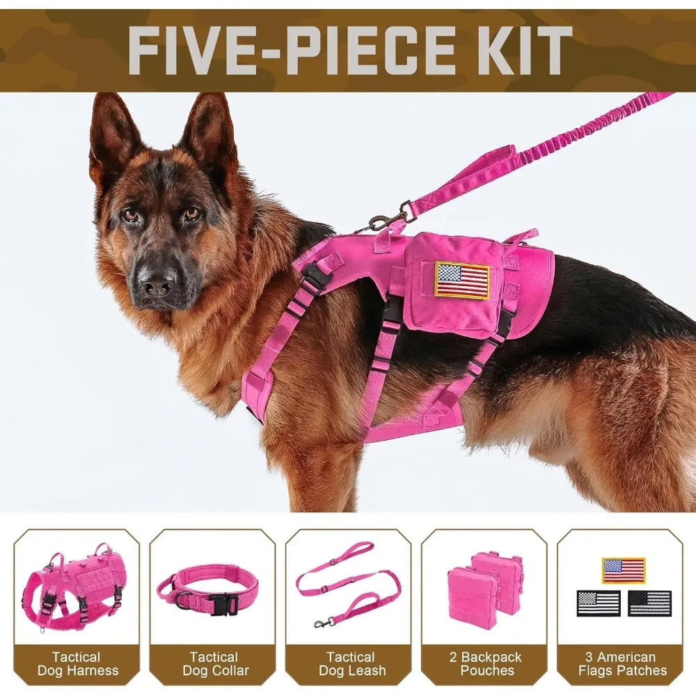 Pink Tactical Dog Harness for Large Dogs,Tactical Dog Collar with Bungee Leash Set,No Pull Military Dog - Hot Sale