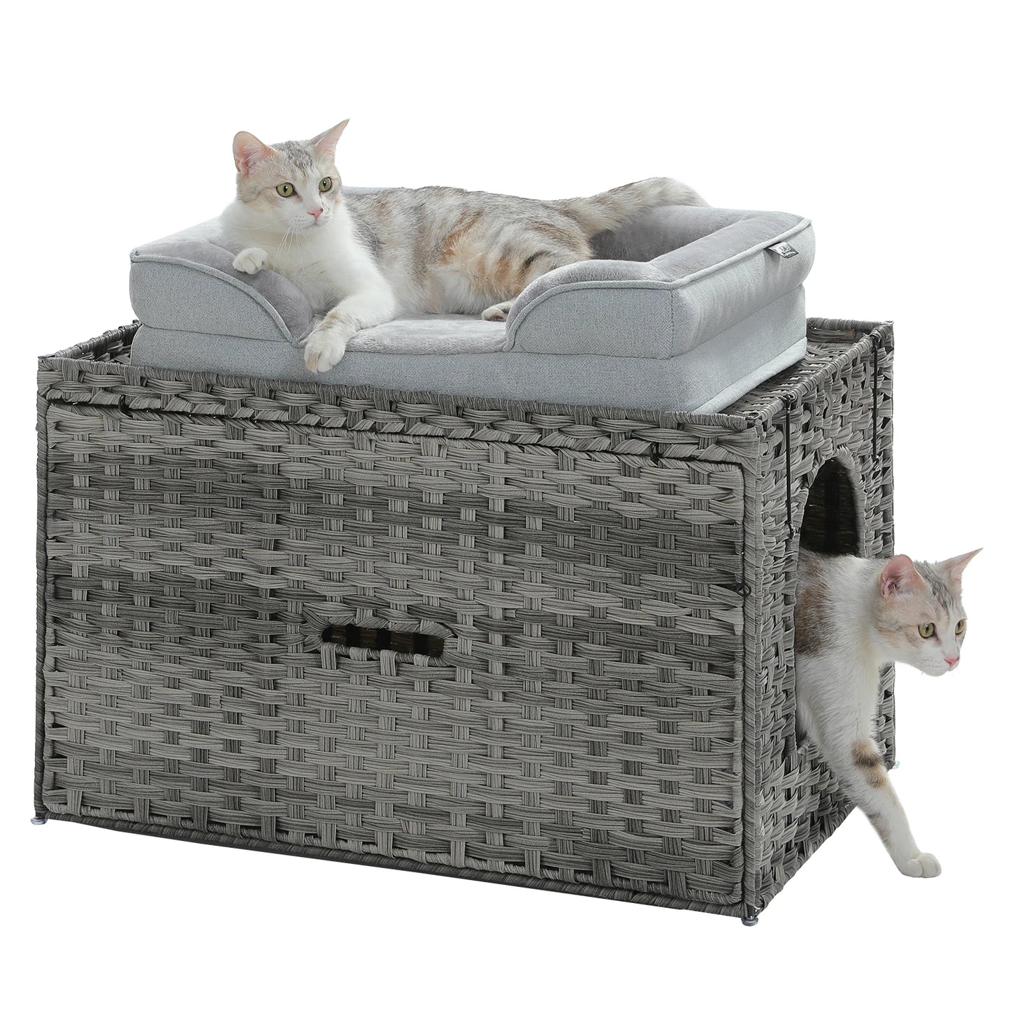 Cat Litter Box Enclosure Furniture with Door Hidden Litter Box Handwoven Rattan Cat House Bed for Large Cats Indoor Living Room