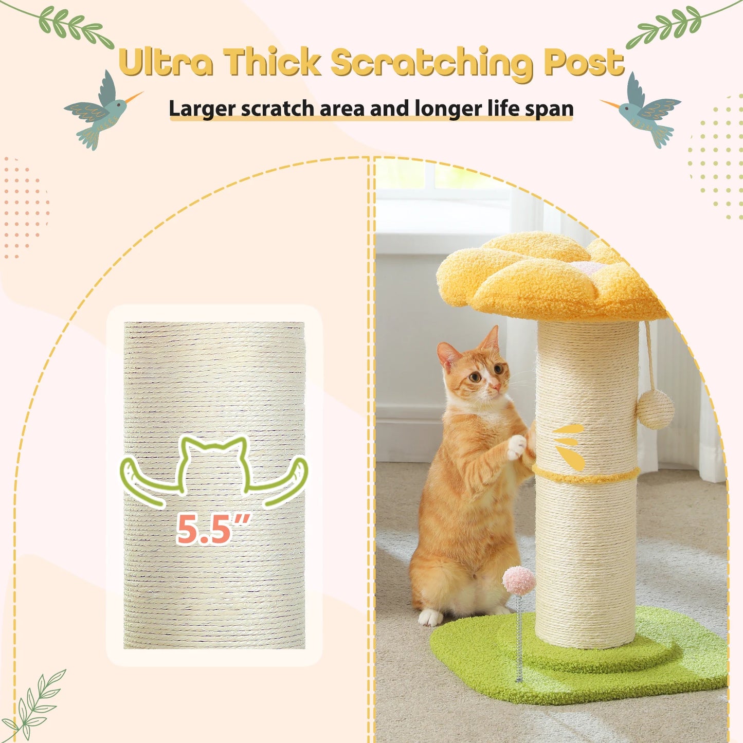 Flower Cat Scratching Post Small Cat Tree Tower Cat Scratcher for Indoor Cats with Super Thick Scratching Post Removable Cat Bed