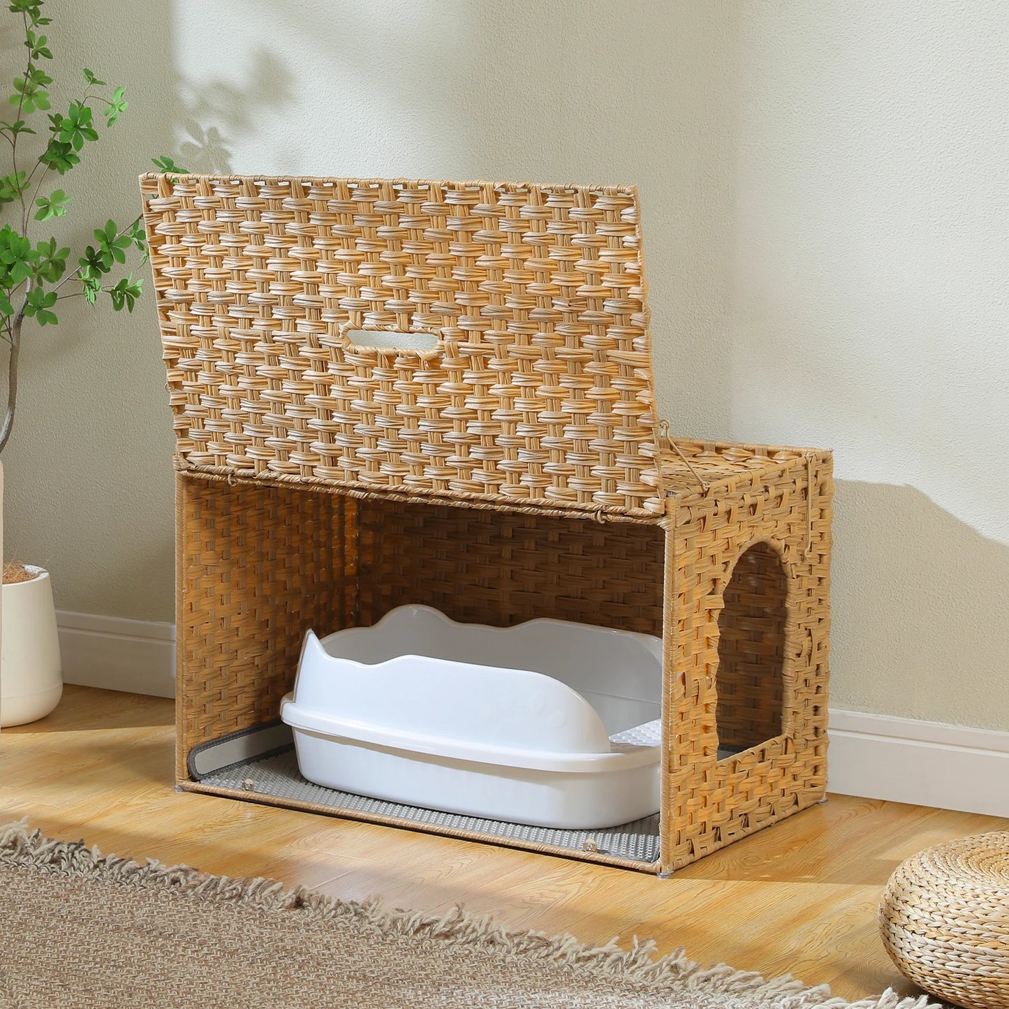 Cat Litter Box Enclosure Furniture with Door Hidden Litter Box Handwoven Rattan Cat House Bed for Large Cats Indoor Living Room