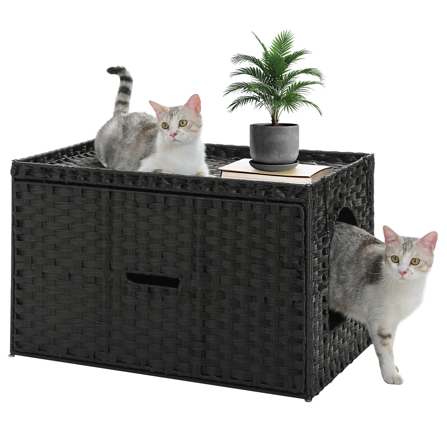 Cat Litter Box Enclosure Furniture with Door Hidden Litter Box Handwoven Rattan Cat House Bed for Large Cats Indoor Living Room