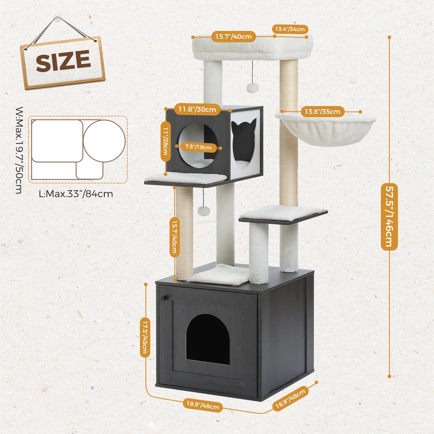 Cat Tree Tower Litter Box Wood Structure Storage with Hammock,Comfy Condo,Anti-Slip Mat,Large Cabinet,Big Platform,Sisal Posts