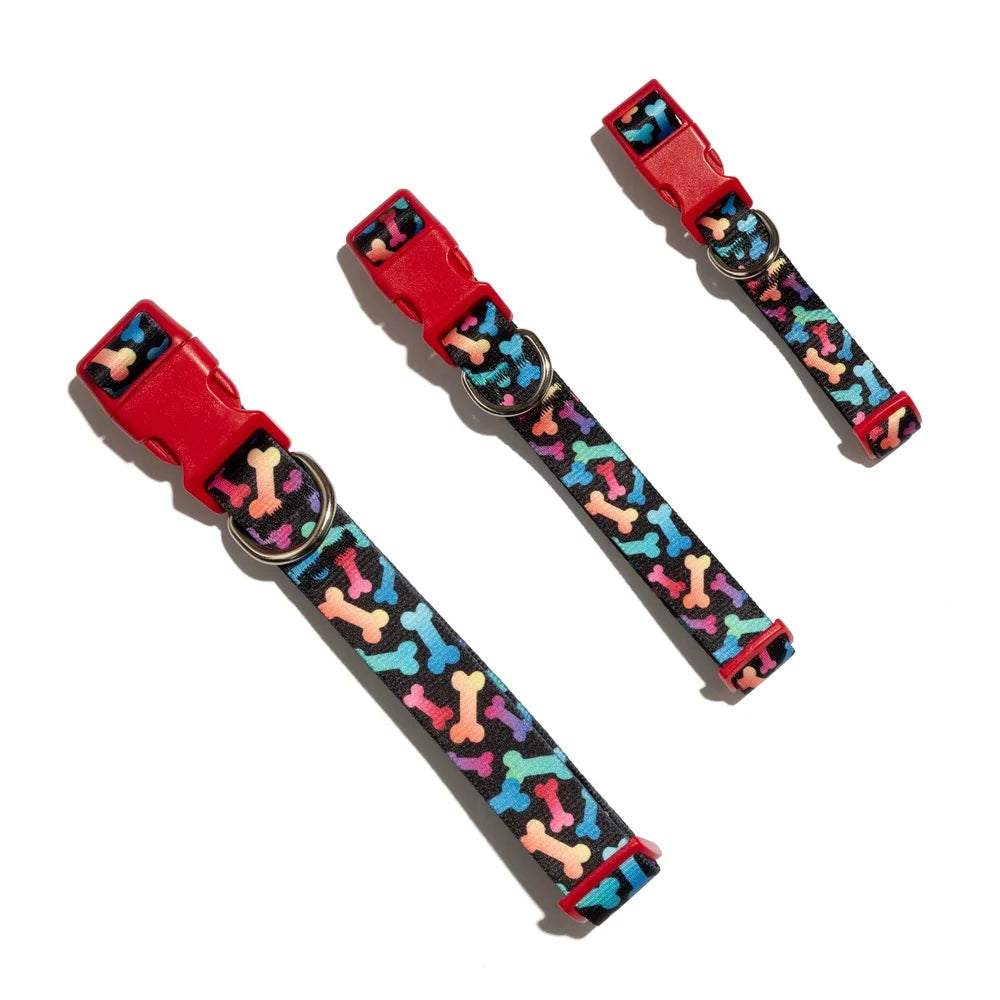 Multicolored Bone Print Dog Collar Adjustable Medium Size Durable Polyester Leash Attachment Fashionable Design Easy Spot Clean