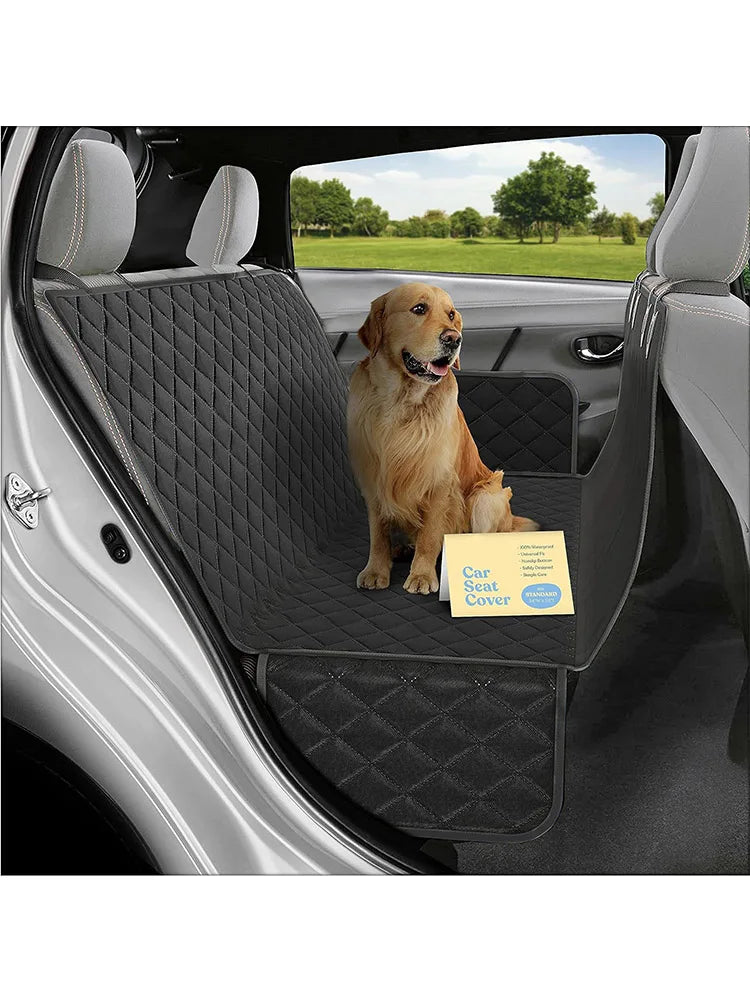 A black pet car mat with gray edging, 100% waterproof and stain resistant, easy to maintain, machine washable