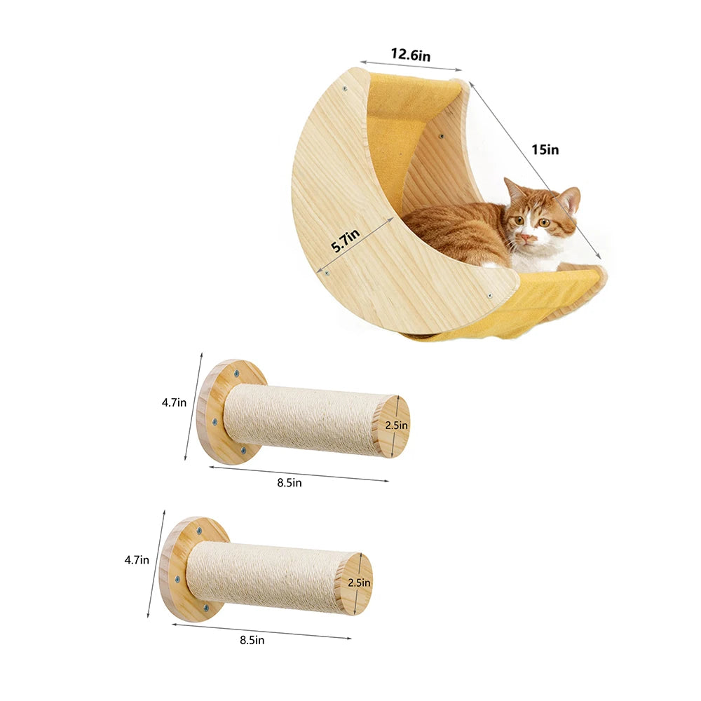 Cat Shelf Wall Hammock Climbing Shelves Moon Shaped And Perches Ladder Solid Wood Steps For Activity Indoor Cats Wall Furniture