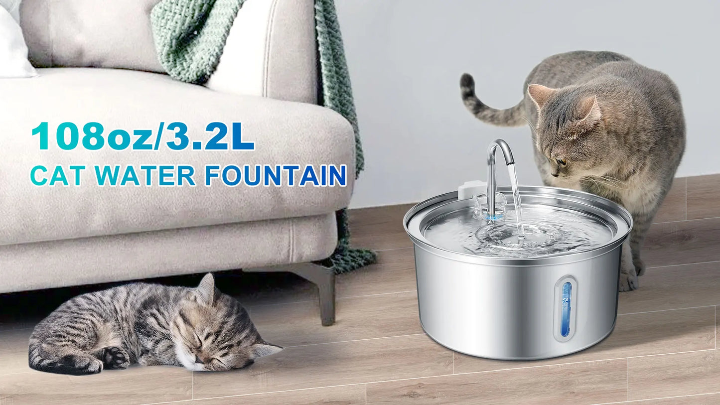 Cat Water Fountain Stainless Steel, 108oz/3.2L Pet Water Fountain With Ultra Quiet Pump, Filtration System,Water Level Window