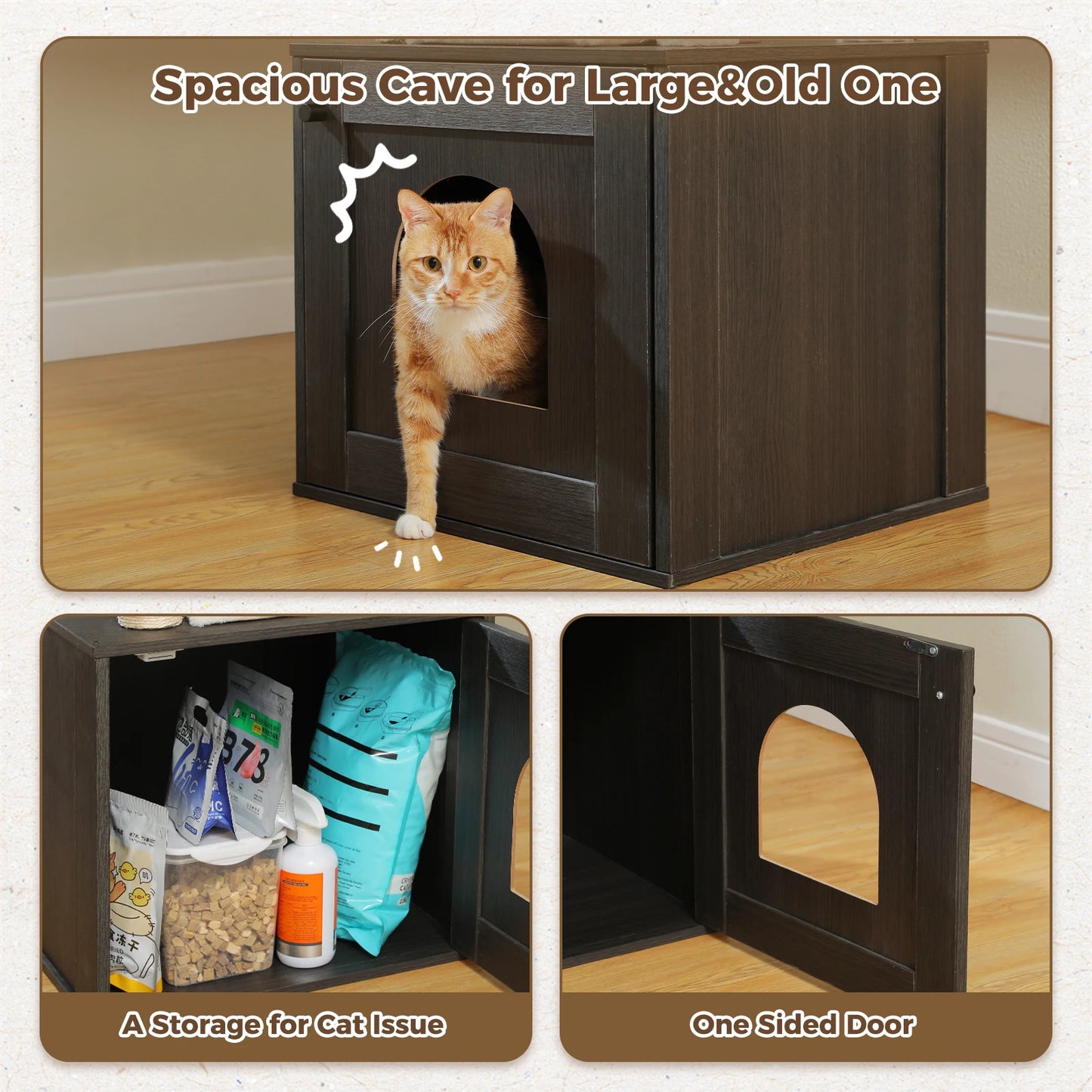 Cat Tree Tower Litter Box Wood Structure Storage with Hammock,Comfy Condo,Anti-Slip Mat,Large Cabinet,Big Platform,Sisal Posts