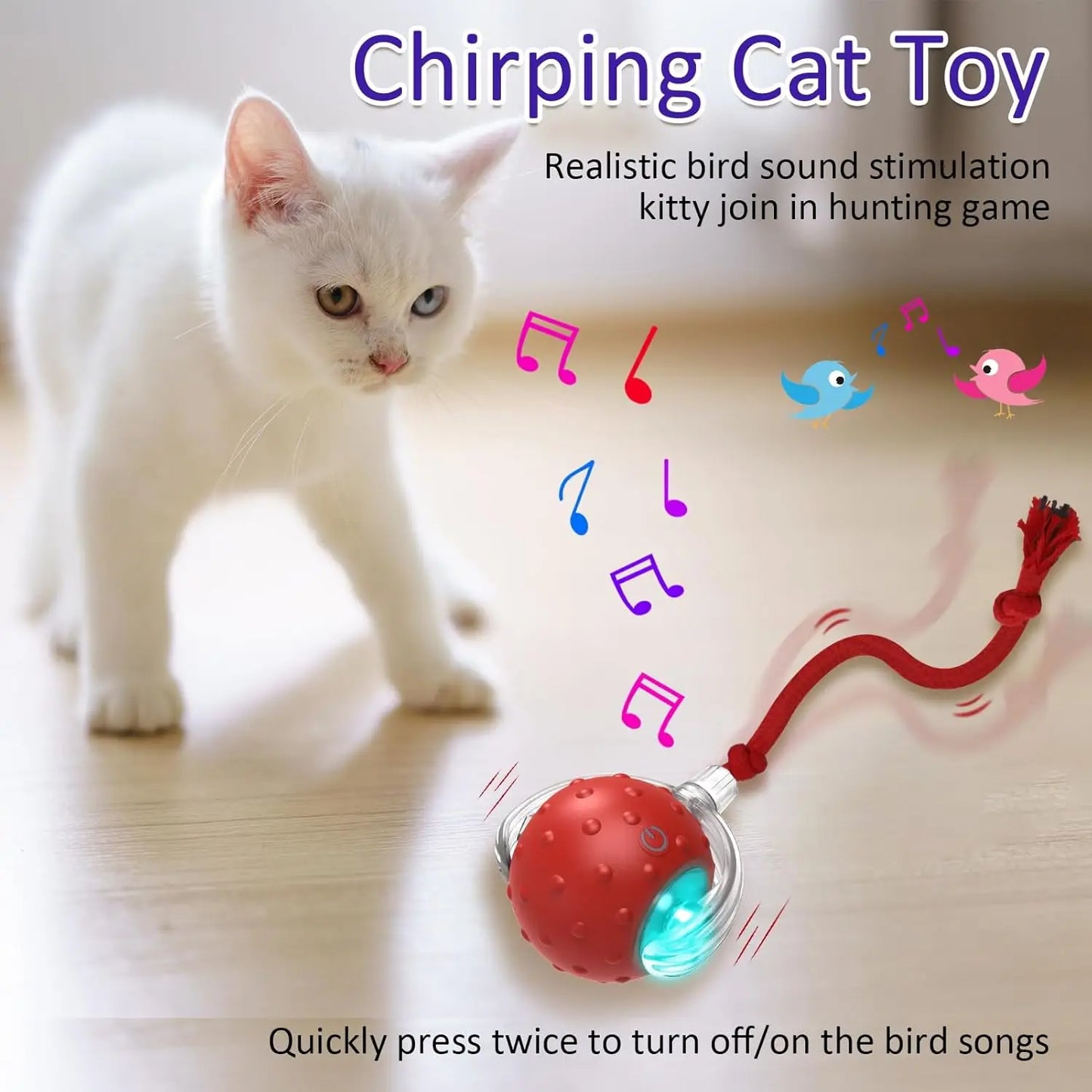 Interactive cat toy ball for indoor cats rolls quickly on the carpet, chirping and activating cat toys with movements (red)