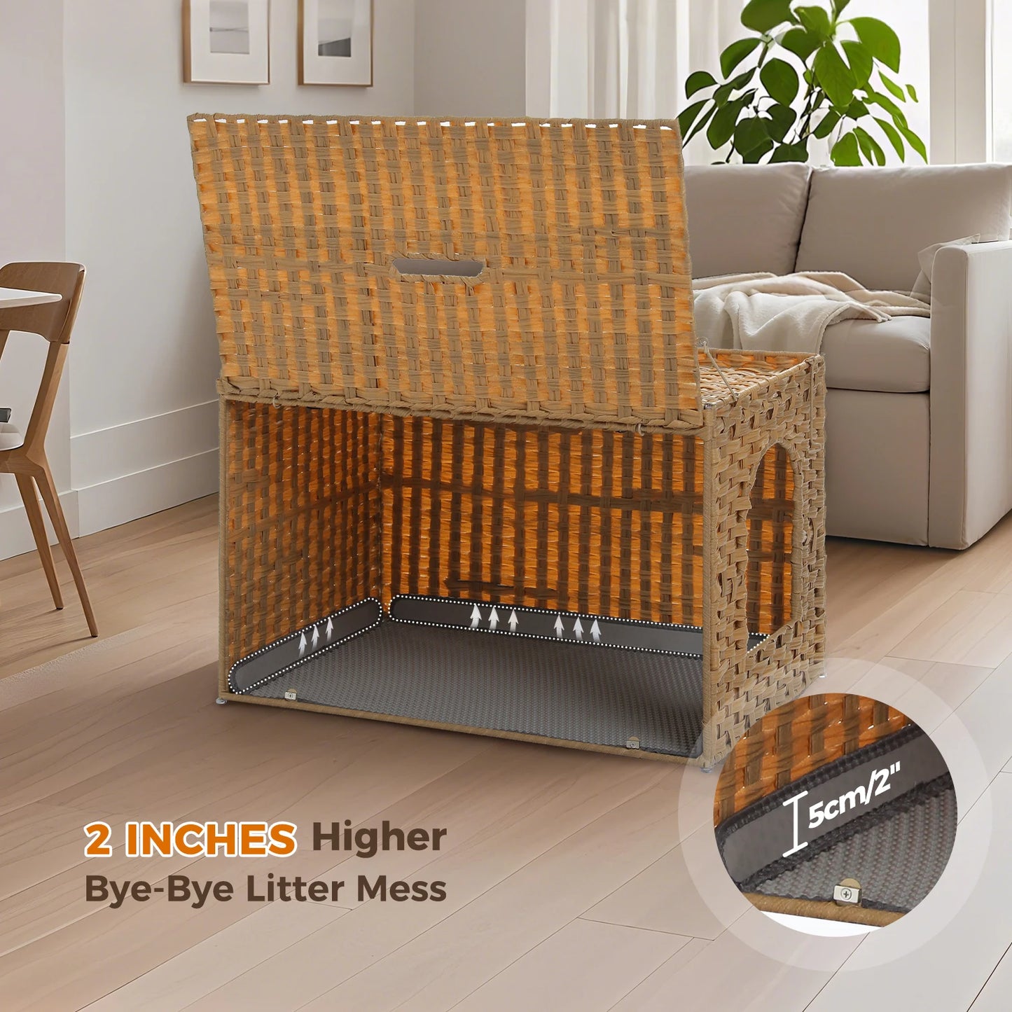 Cat Litter Box Enclosure Furniture with Door Hidden Litter Box Handwoven Rattan Cat House Bed for Large Cats Indoor Living Room