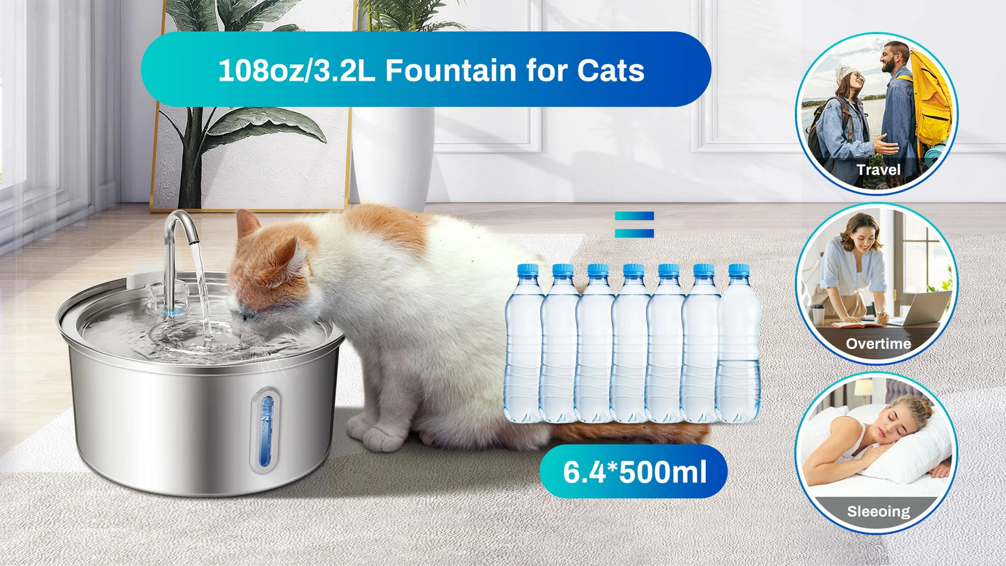 Cat Water Fountain Stainless Steel, 108oz/3.2L Pet Water Fountain With Ultra Quiet Pump, Filtration System,Water Level Window