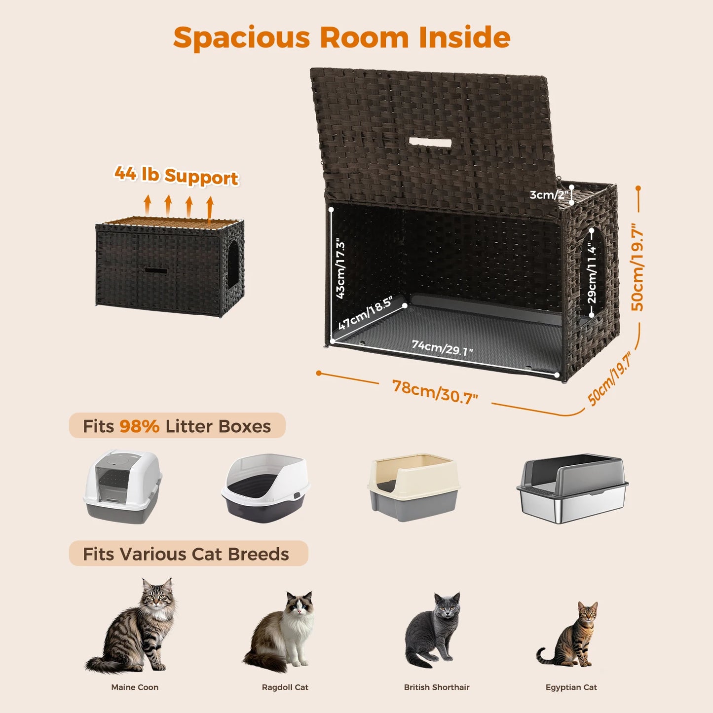 Cat Litter Box Enclosure Furniture with Door Hidden Litter Box Handwoven Rattan Cat House Bed for Large Cats Indoor Living Room