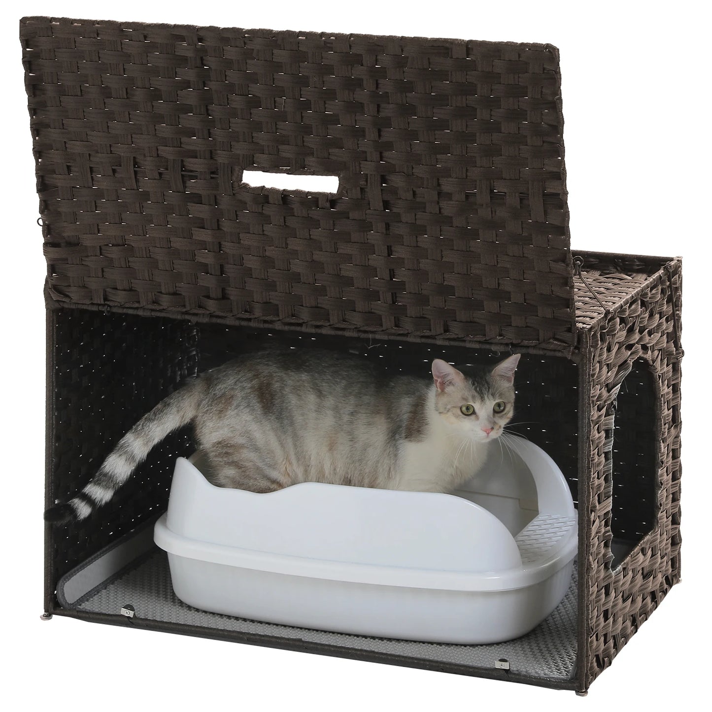 Cat Litter Box Enclosure Furniture with Door Hidden Litter Box Handwoven Rattan Cat House Bed for Large Cats Indoor Living Room