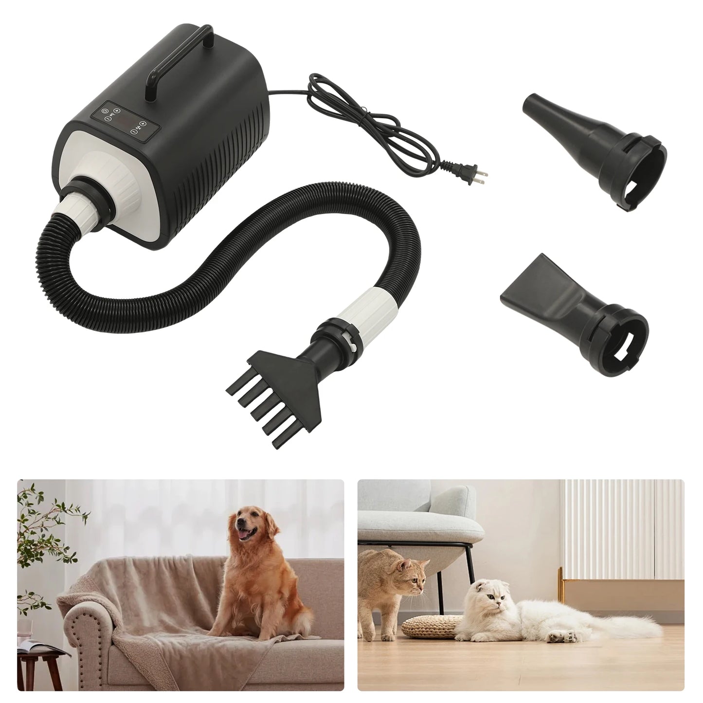 2100W Dog Grooming Blow Dryer Hair Dryer With Handles 9 Speed Adjustment (77-140℉) Led Display 3 Nozzles For Dogs