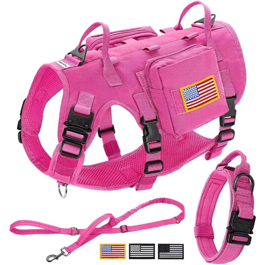 Pink Tactical Dog Harness for Large Dogs,Tactical Dog Collar with Bungee Leash Set,No Pull Military Dog - Hot Sale