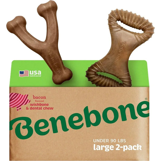 2Pack Wishbone Dental Durable Dog Chew Toys Real Bacon Made in USA Large