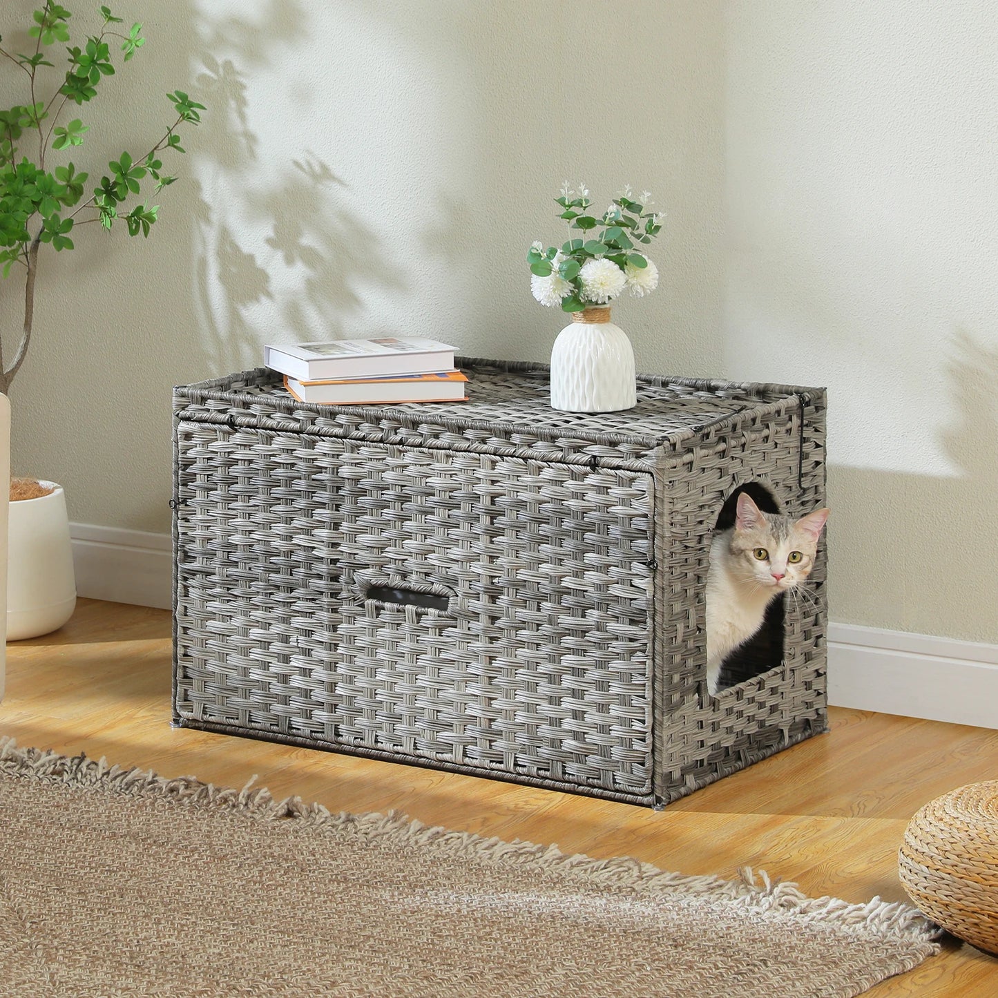 Cat Litter Box Enclosure Furniture with Door Hidden Litter Box Handwoven Rattan Cat House Bed for Large Cats Indoor Living Room