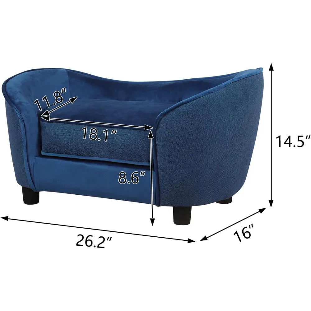 Blue Velvet & Linen Pet Sofa Bed with Removable, Washable Cushion for Small Dogs and Cats