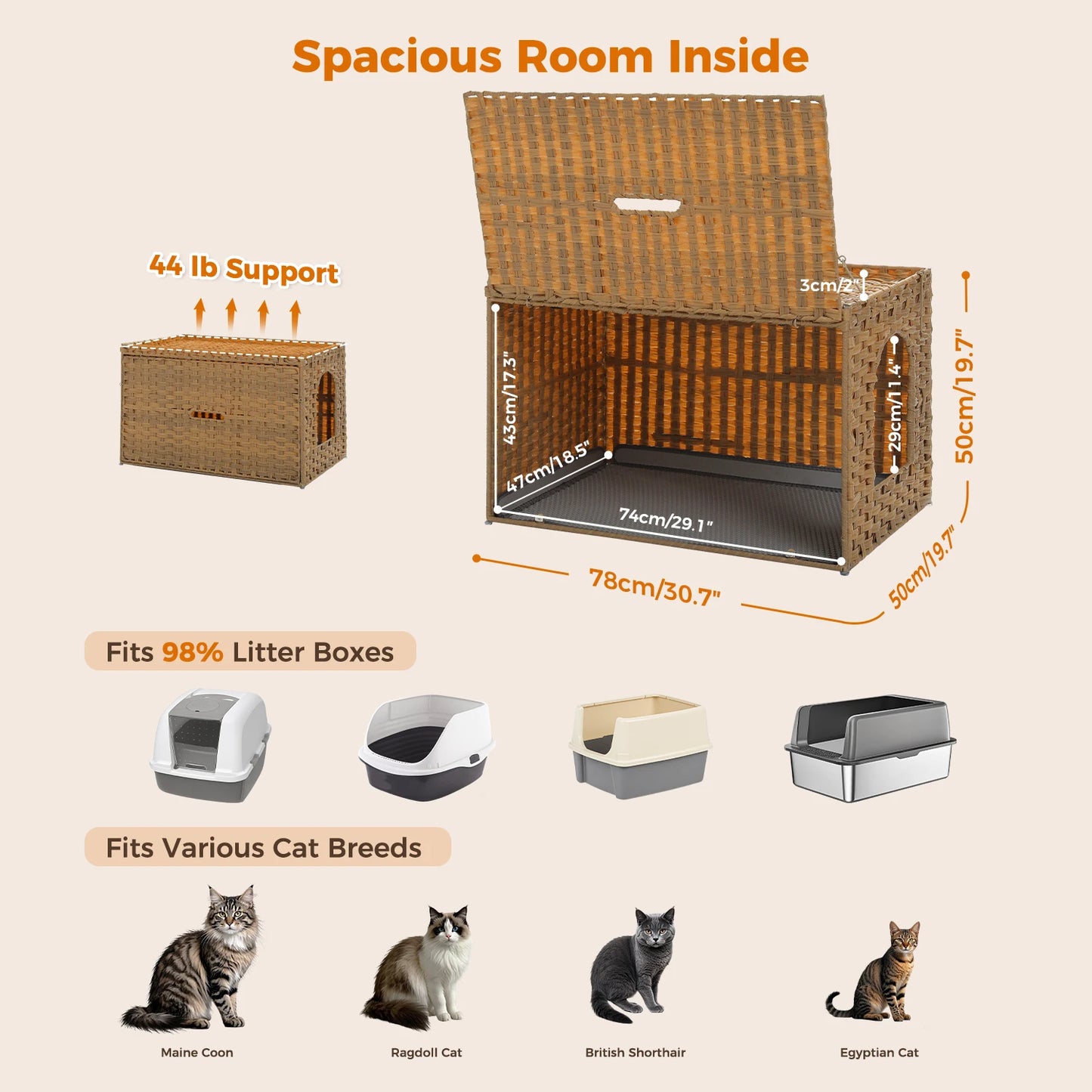 Cat Litter Box Enclosure Furniture with Door Hidden Litter Box Handwoven Rattan Cat House Bed for Large Cats Indoor Living Room