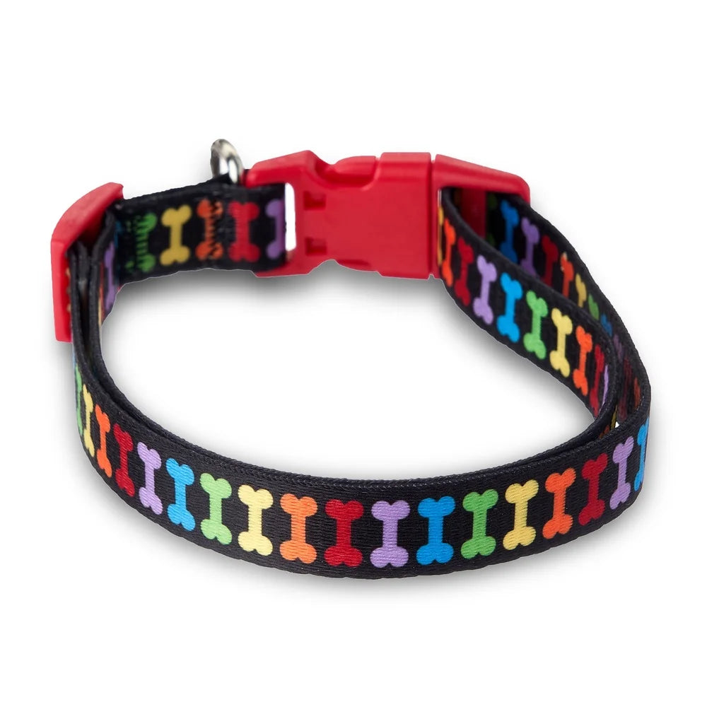 Multicolored Bone Print Dog Collar Adjustable Medium Size Durable Polyester Leash Attachment Fashionable Design Easy Spot Clean