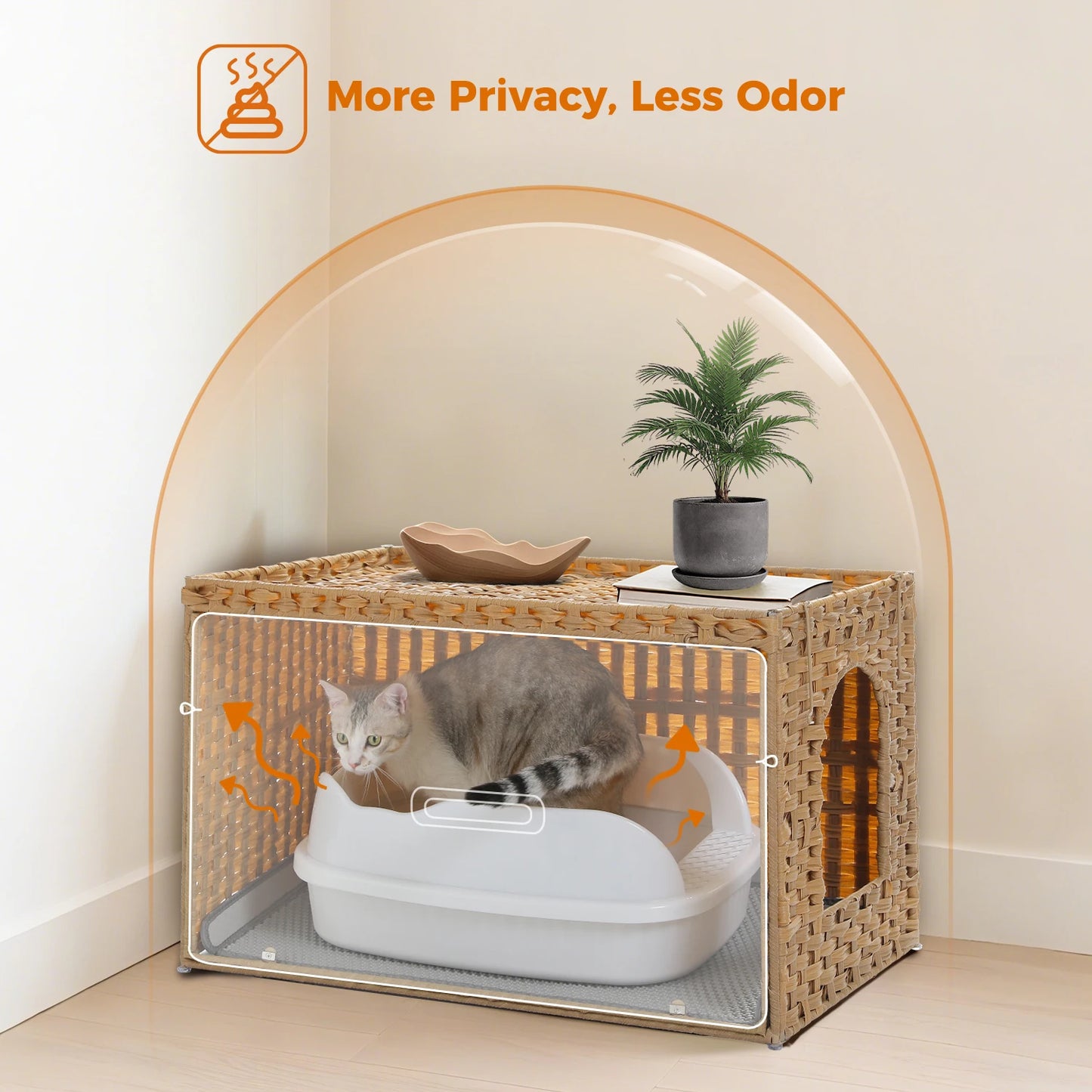 Cat Litter Box Enclosure Furniture with Door Hidden Litter Box Handwoven Rattan Cat House Bed for Large Cats Indoor Living Room