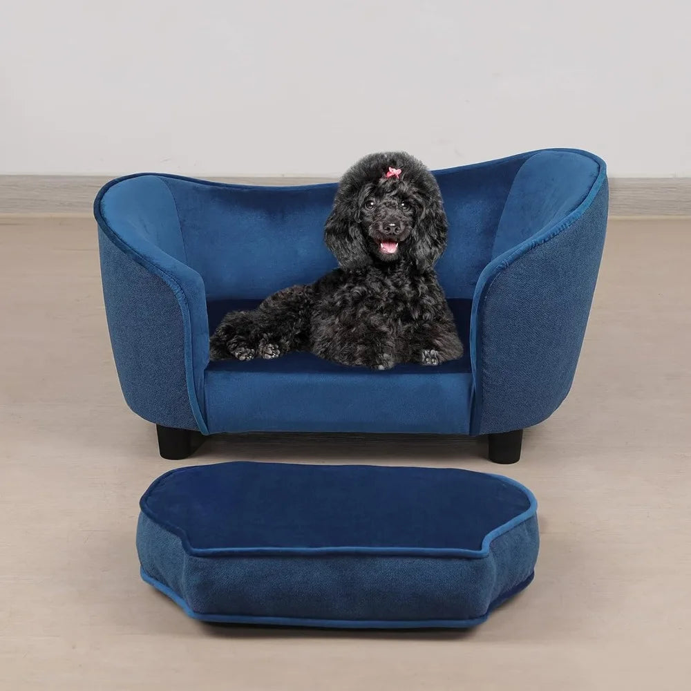 Blue Velvet & Linen Pet Sofa Bed with Removable, Washable Cushion for Small Dogs and Cats