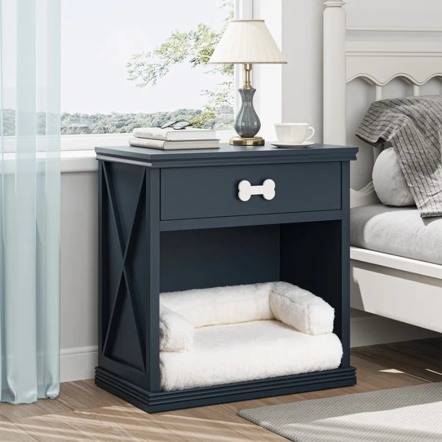 Vintage Small Storage Cabinet with Led Light and Pet Bed Hidden Cat Litter Box with Drawer and SemiOpen Space