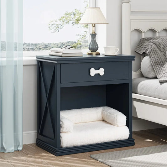 Vintage Small Storage Cabinet with Led Light and Pet Bed Hidden Cat Litter Box with Drawer and SemiOpen Space