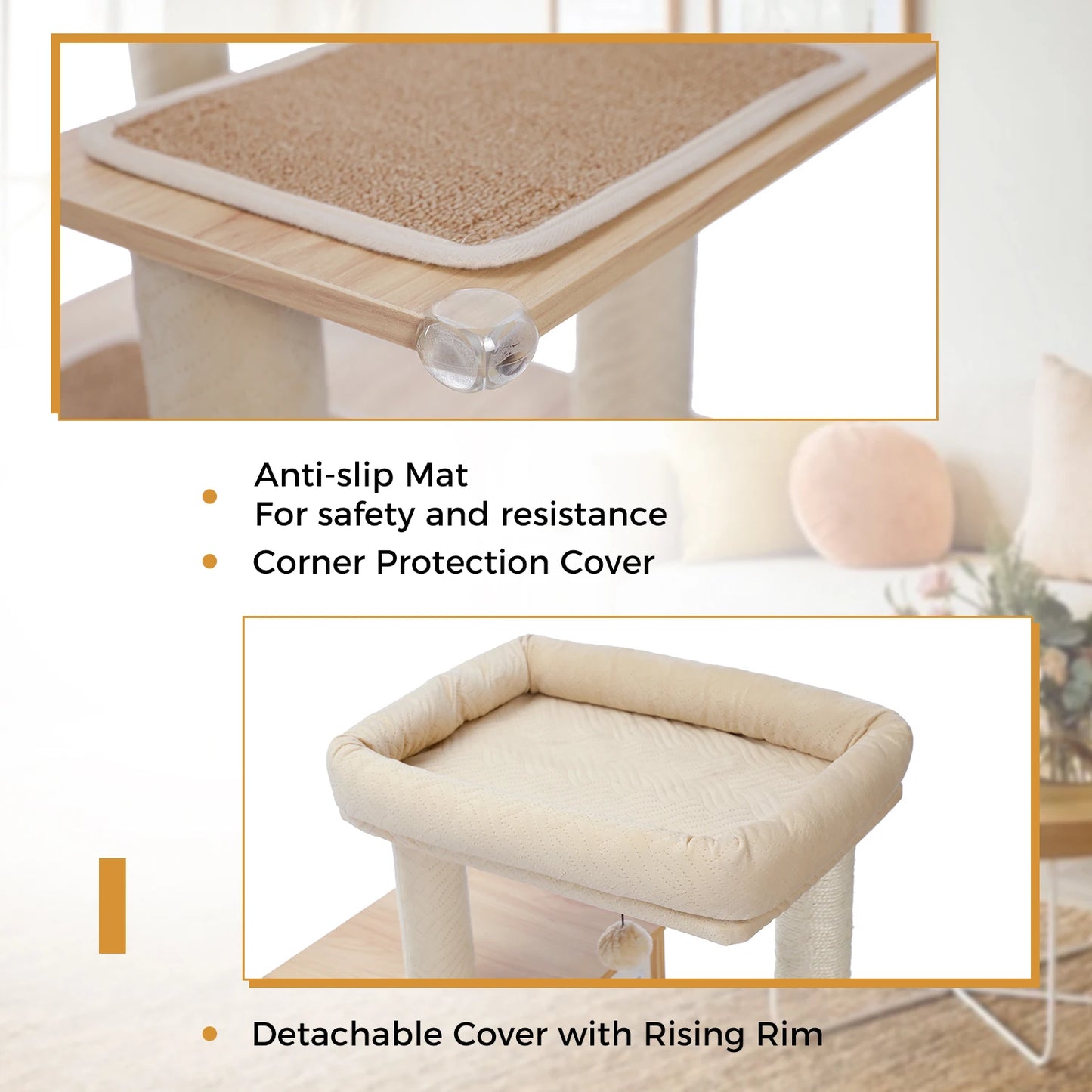 Cat Tree Tower Litter Box Wood Structure Storage with Hammock,Comfy Condo,Anti-Slip Mat,Large Cabinet,Big Platform,Sisal Posts