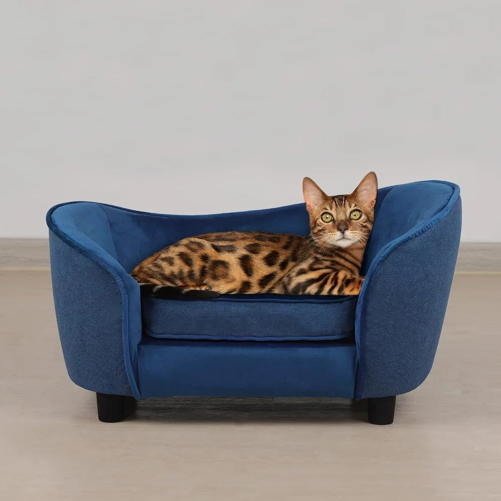 Blue Velvet & Linen Pet Sofa Bed with Removable, Washable Cushion for Small Dogs and Cats