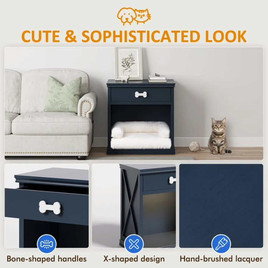 Vintage Small Storage Cabinet with Led Light and Pet Bed Hidden Cat Litter Box with Drawer and SemiOpen Space
