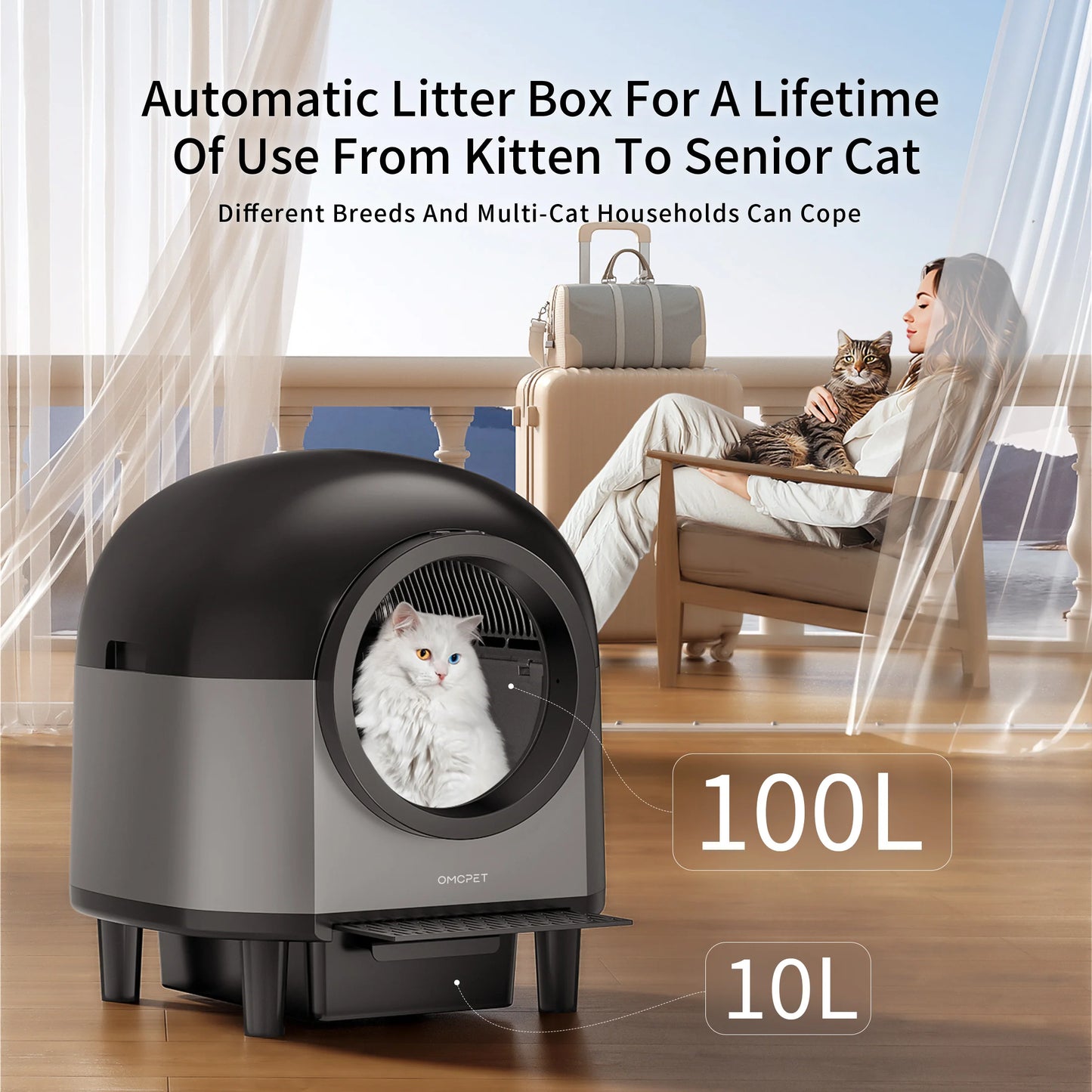 Automatic Cat Litter Box Self Cleaning,Smart Litter Box with Stairs, Safety Protection, 100L+10L APP-Control Cat Litter Boxes