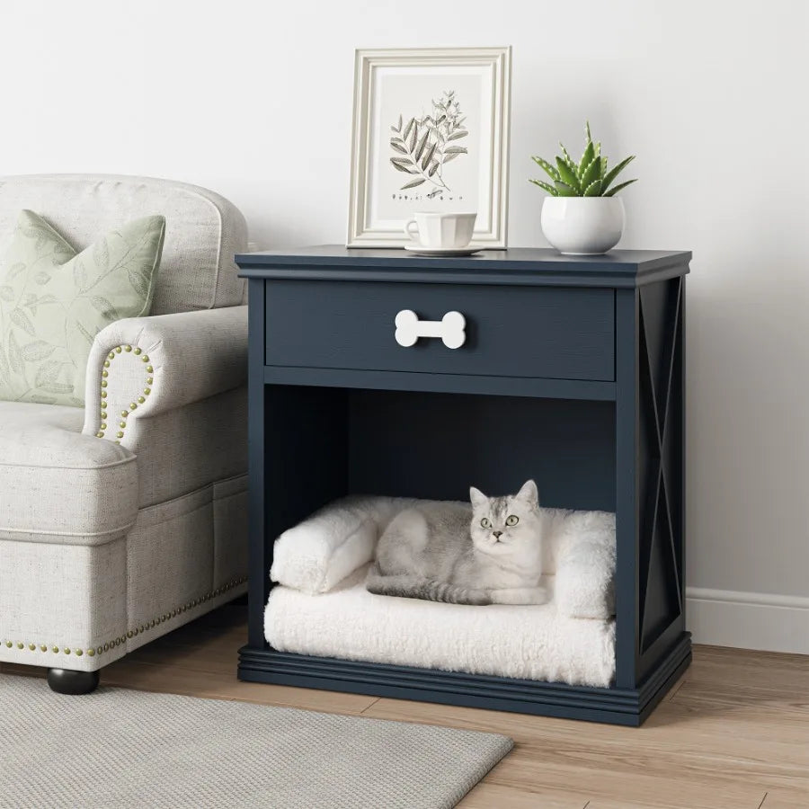 Vintage Small Storage Cabinet with Led Light and Pet Bed Hidden Cat Litter Box with Drawer and SemiOpen Space