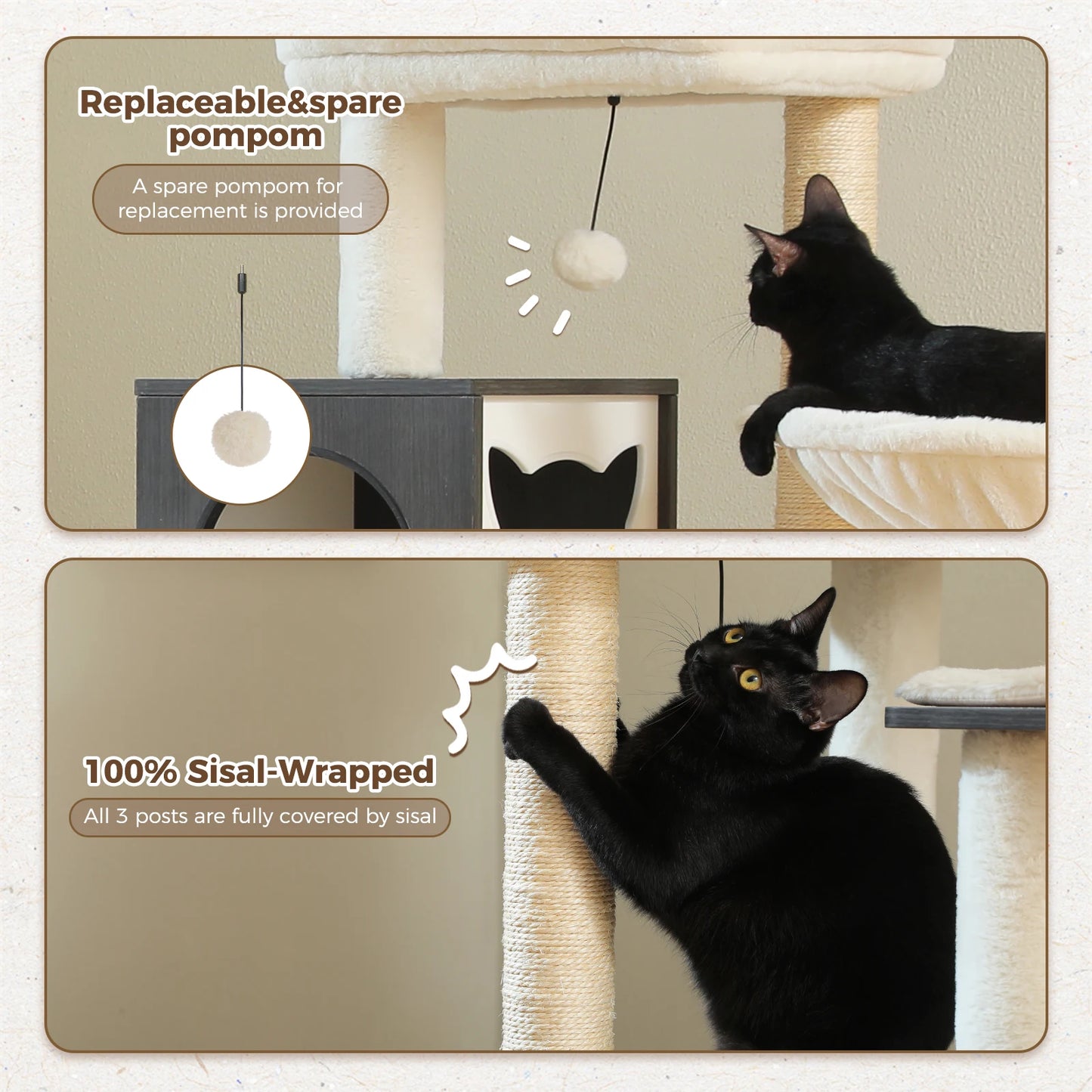 Cat Tree Tower Litter Box Wood Structure Storage with Hammock,Comfy Condo,Anti-Slip Mat,Large Cabinet,Big Platform,Sisal Posts