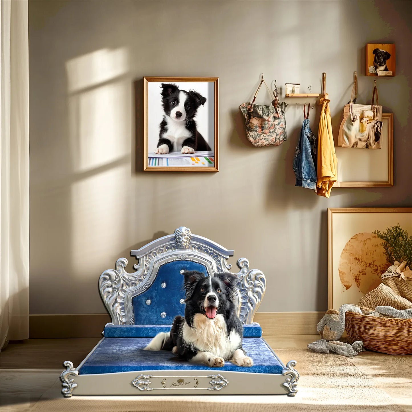Luxury Pet Bed with Headboard, Dutch Velvet Dog Cat Bed for Medium and Large Dog, European Style Noble Pet Bed