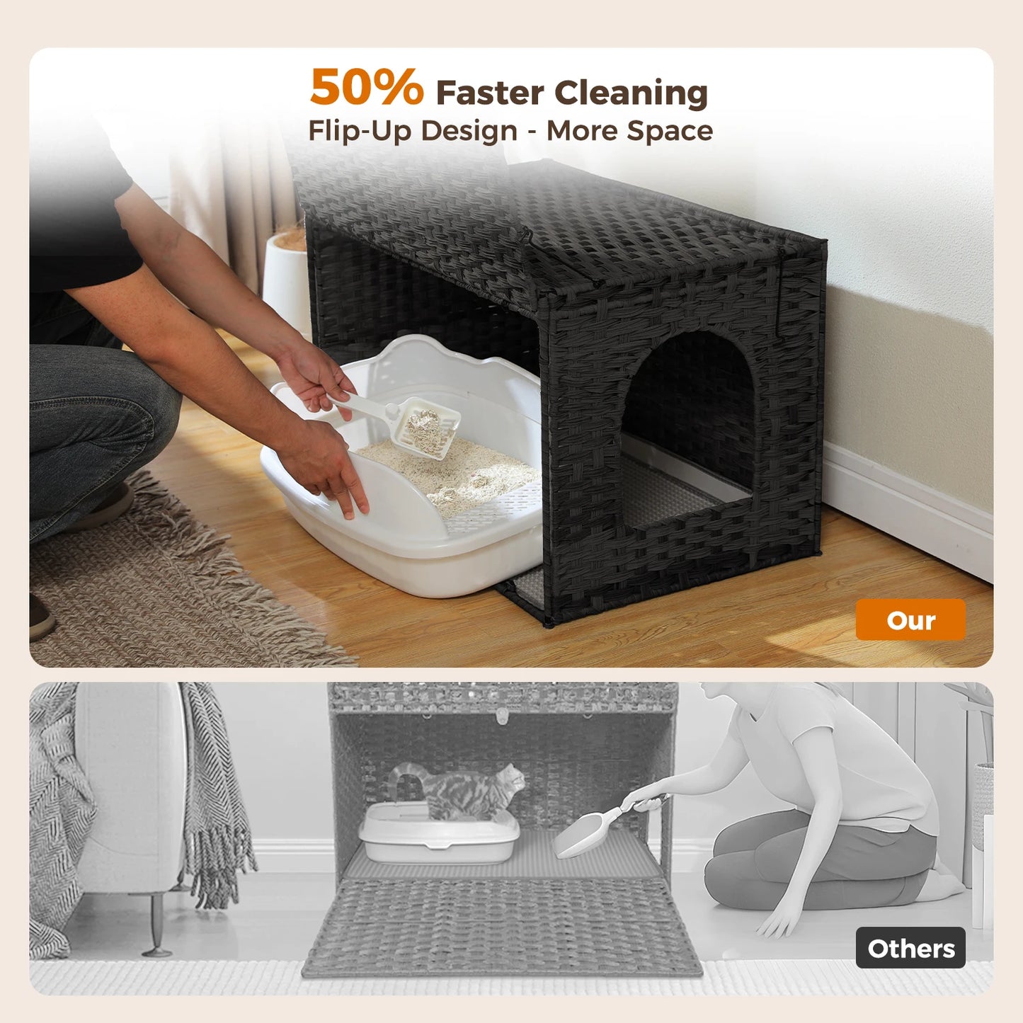 Cat Litter Box Enclosure Furniture with Door Hidden Litter Box Handwoven Rattan Cat House Bed for Large Cats Indoor Living Room