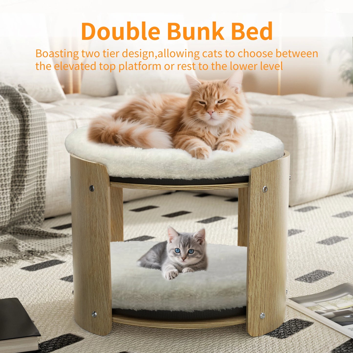 Elevated Cat Bed for Indoor Cats, 2-Tier Cute Small Cat Tree Tower with Natural Bamboo Frame, Removable Washable Soft Plush Mat