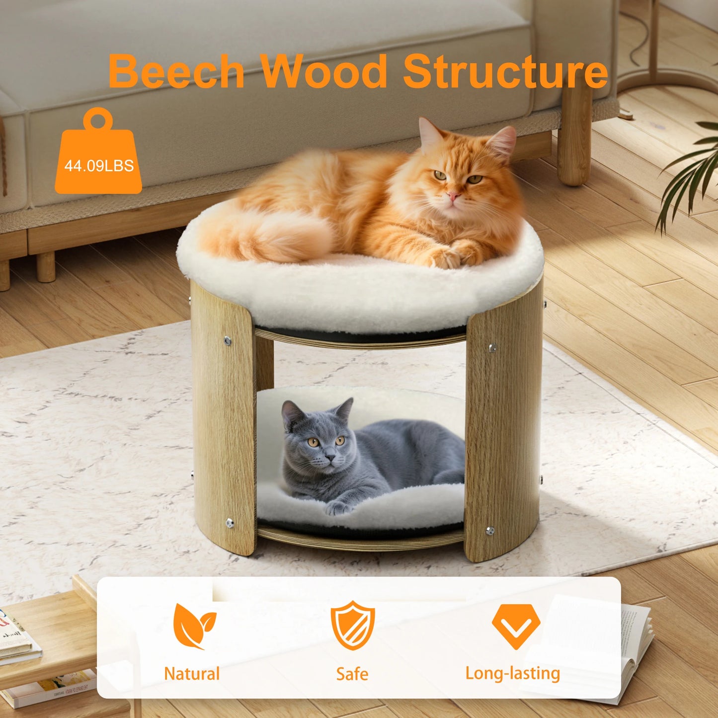 Elevated Cat Bed for Indoor Cats, 2-Tier Cute Small Cat Tree Tower with Natural Bamboo Frame, Removable Washable Soft Plush Mat