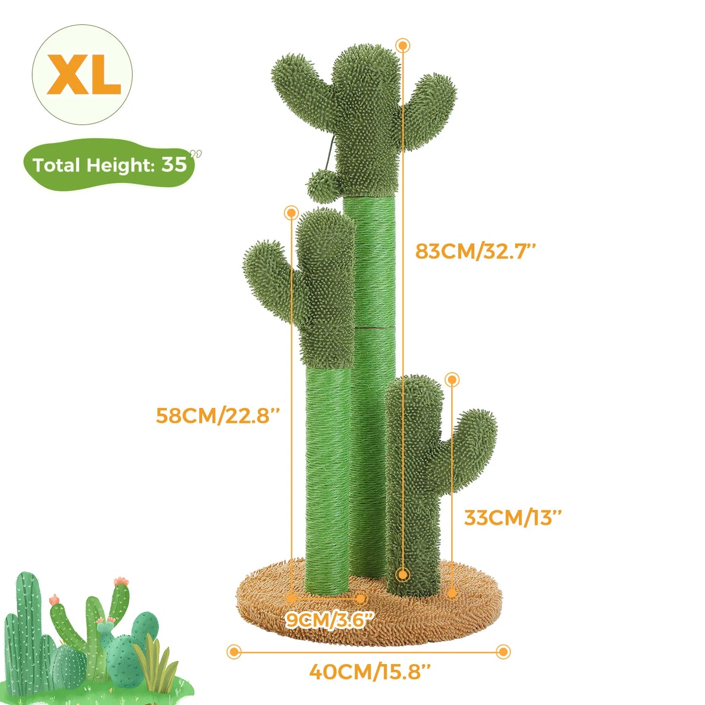 Cat Scratching Post with 3 Natural Scratching Poles and Interactive Dangling Ball, Cactus Cat Scratcher for Indoor, Cat Toys
