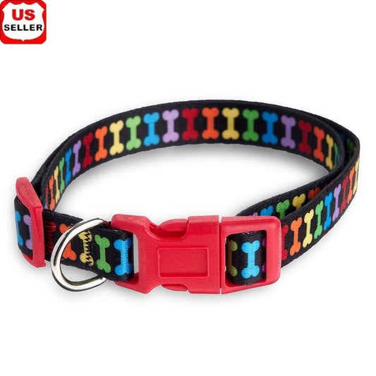 Multicolored Bone Print Dog Collar Adjustable Medium Size Durable Polyester Leash Attachment Fashionable Design Easy Spot Clean