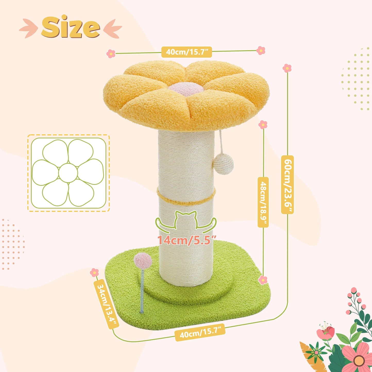 Flower Cat Scratching Post Small Cat Tree Tower Cat Scratcher for Indoor Cats with Super Thick Scratching Post Removable Cat Bed