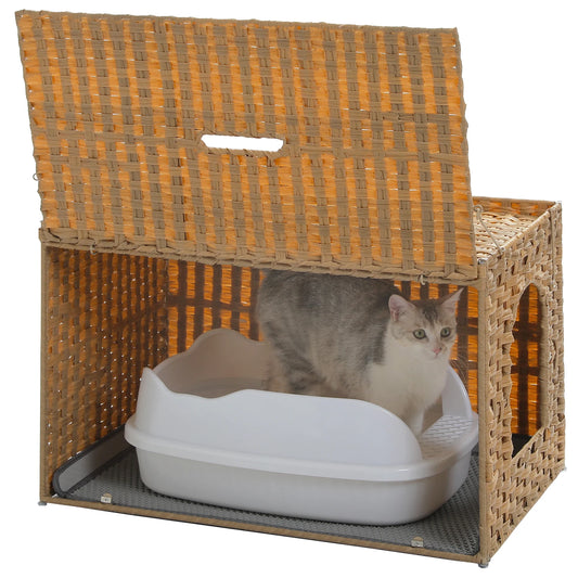 Cat Litter Box Enclosure Furniture with Door Hidden Litter Box Handwoven Rattan Cat House Bed for Large Cats Indoor Living Room