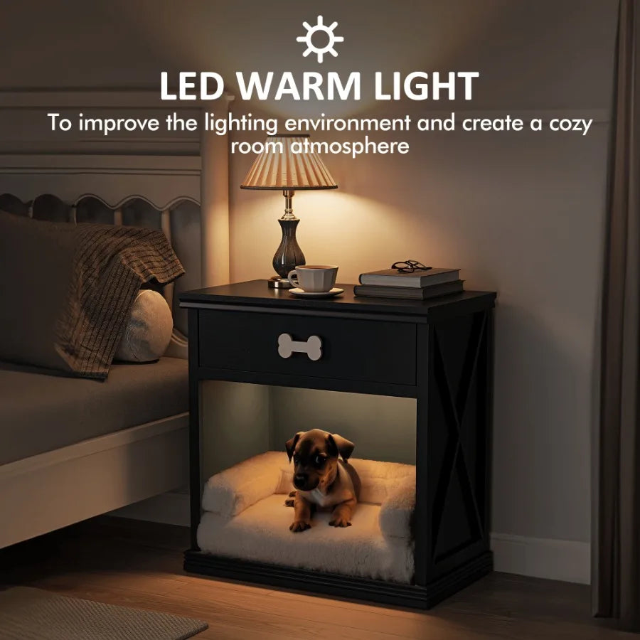 Vintage Small Storage Cabinet with Led Light and Pet Bed Hidden Cat Litter Box with Drawer and SemiOpen Space